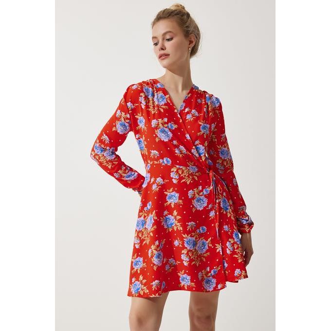 Trendyol Women's Red Floral Mini Wraped Chiffon Dress